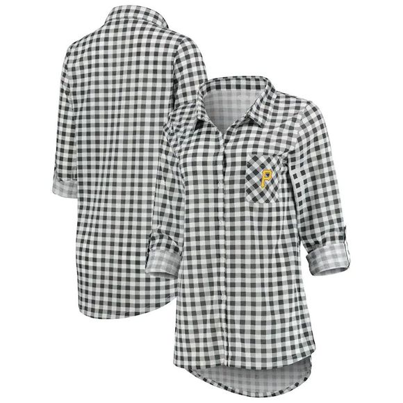 Pittsburg Pirates Pajamas Womens Medium Charcoal  Plaid Button Up Sleep Wear Top - Picture 1 of 16
